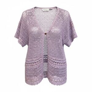 Tanjay Lilac Purple Crochet Open Knit Cardigan Short Sleeve Topper Sweater Sz MP